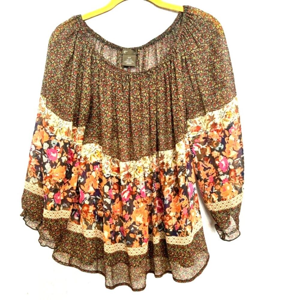 Fei‎ Anthropologie Silk Floral Print Sheer Blouse Top Sz Small S Boho Peasant